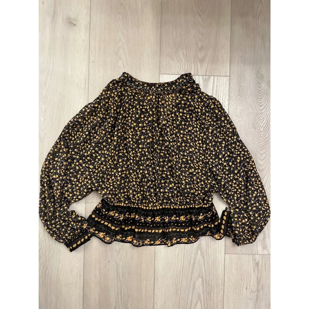 Free People Floral Beaded Peplum Blouse Yellow Purple Sheer Long Sleeve Top